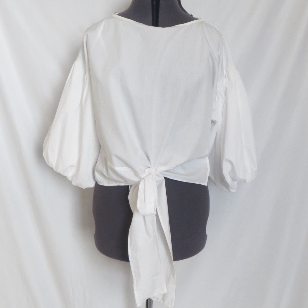 NWT Bleuh Ciel Cotton Blend White Bubble Sleeve Tie Front Top • Size S 🔴